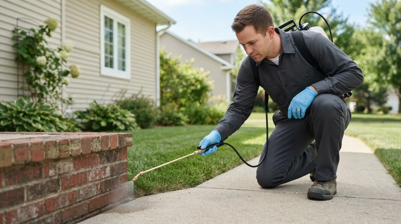 Pest control technician treating a home near Trout Lake, MI