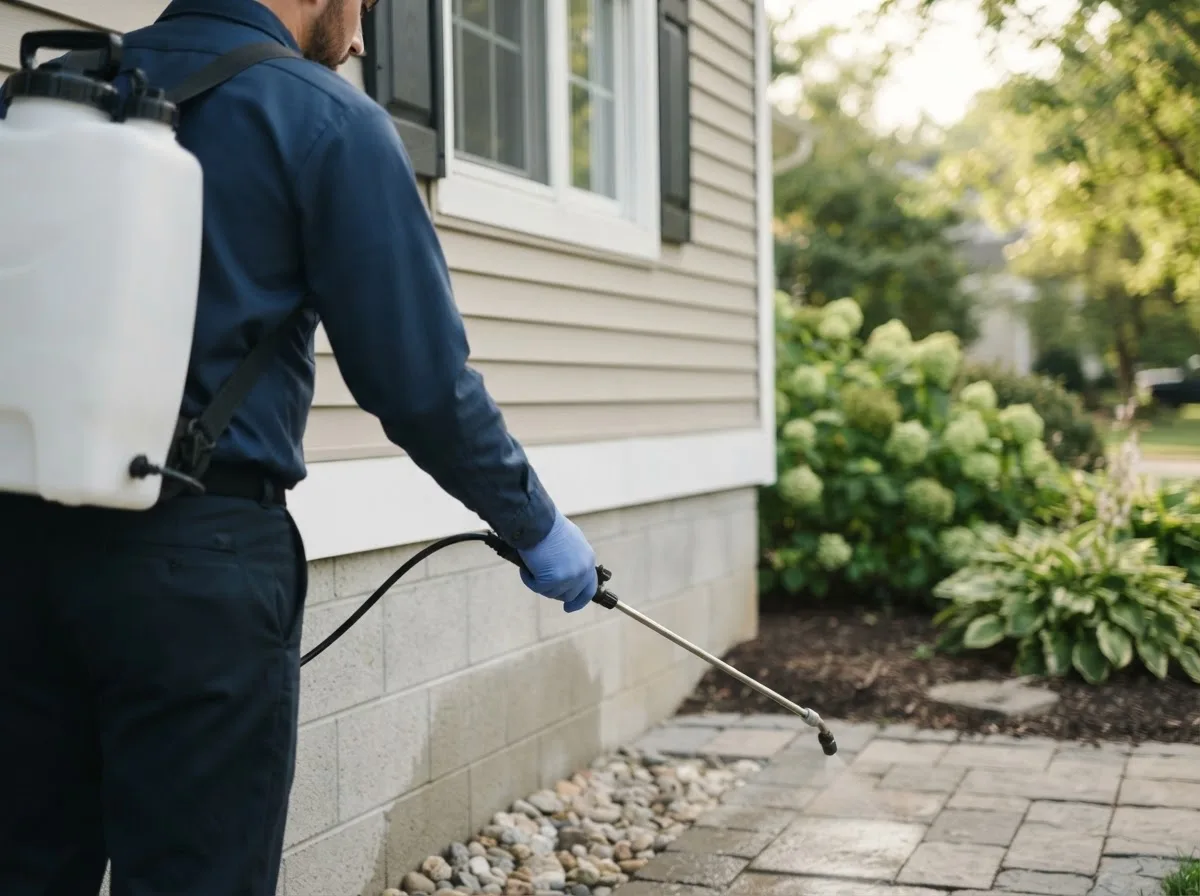 Pest control technician inspecting a home in Trout Lake, MI